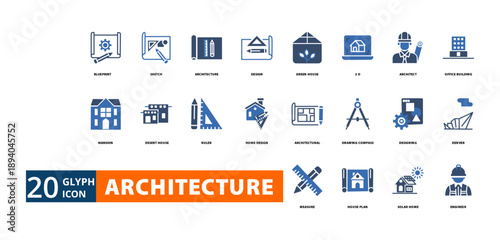 architecture icon set with blueprint, sketch, architecture, design, greenhouse, 3d, architect, office building, mansion, desert house, ruler, home design, architectural, drawing compass, designing, 