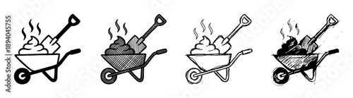 Set of four hand-drawn wheelbarrow icons with steaming poop and a shovel, a humorous collection of black and white illustrations in various sketch and doodle art styles