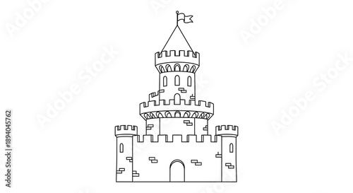 A detailed linear illustration depicts a medieval castle with a prominent tower and battlements presented as a silhouette high quality