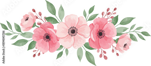 Pink flowers and green leaves bouquet arrangement on white background