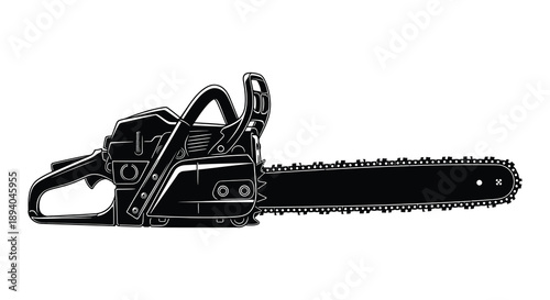 A detailed black graphic showcases a chainsaw emphasizing its mechanical components and sharp blade in silhouette high quality professional modern