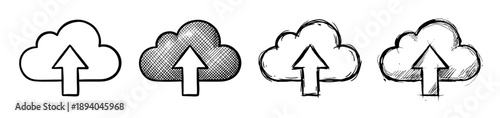 Hand-drawn cloud upload icon set with four different sketch styles, including simple outline, cross-hatching, and rough doodle variations for data transfer and storage concepts
