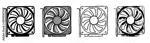 Four black and white graphics card illustrations in a hand-drawn style, showing a set of computer hardware components with different sketch and engraving textures for gaming concepts