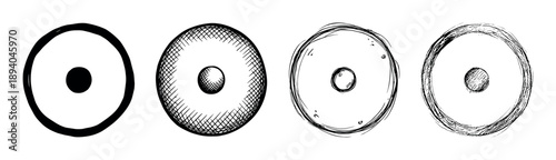Set of four hand-drawn circumpunct symbols in various artistic styles, including bold graphic, cross-hatching, and sketchy ink, representing spiritual and alchemical concepts