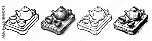 Hand-drawn Asian tea set illustrations with teapot and cups on a tray, a collection of four different black and white sketch styles from simple line art to detailed hatching