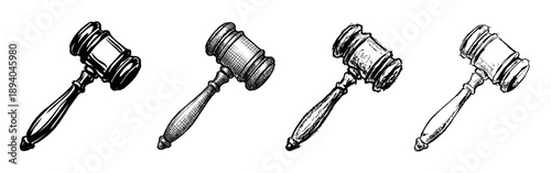 Set of four judge's gavel illustrations in a black and white hand-drawn style, showcasing various ink techniques from bold silhouette to detailed crosshatching and loose sketch