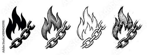 Set of hand-drawn broken chains on fire in various artistic styles, including silhouette, hatching, outline, and grunge, symbolizing freedom, liberation, and revolution