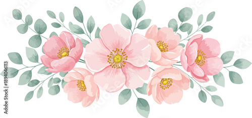 Watercolor illustration of pink flowers with green leaves on white background