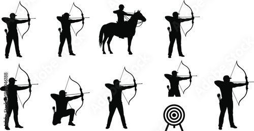 Archery silhouettes collection, archer aiming bow and arrow poses, target practice sport concept, black vector illustration set