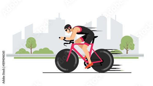 Cyclist racing through urban landscape in dynamic flat design