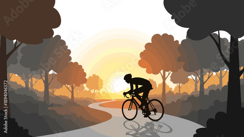 Cyclist riding at sunset in scenic forest landscape
