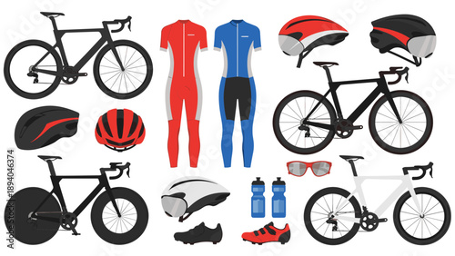 Cycling gear set with bicycles, helmets, and apparel in flat style
