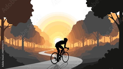 Cyclist exploring scenic sunrise path in nature silhouette style