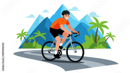 Mountain biking adventure: man cycling on scenic road through nature