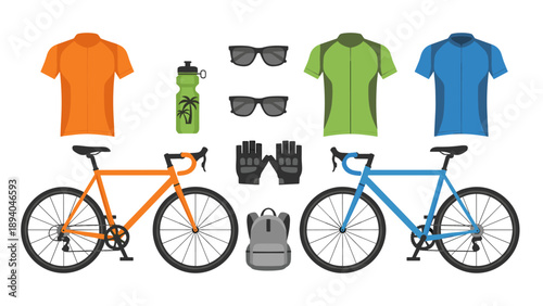 Cycling gear and apparel collection with road bikes and accessories