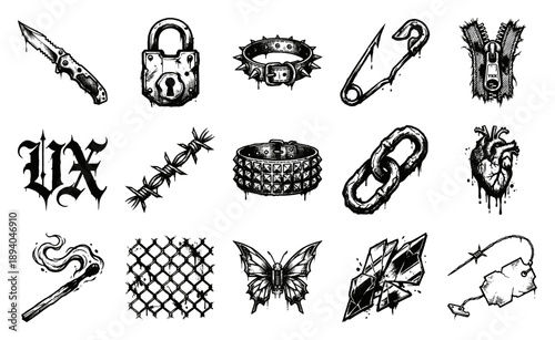 Grungy Woodcut Punk Subculture Element Kit for Alternative Underground Fashion Aesthetics