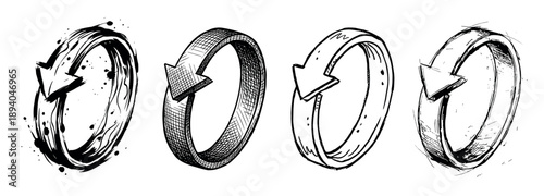 Set of four hand-drawn circular arrows in a black and white sketch style, representing concepts like refresh, reload, and recycle in a graphic doodle illustration