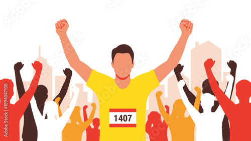 Marathon champion and crowd cheering celebration in urban setting