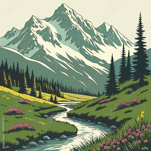 Majestic Snow-Capped Mountain Landscape with Valley and River