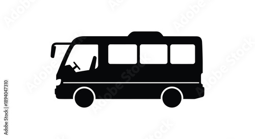 A stark black silhouette of a recreational vehicle likely a camper or motorhome is prominently displayed against a white background silhouette
