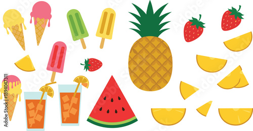 Set of tropical fruits and ice cream desserts with pineapple, watermelon and citrus slices isolated on white background vector illustration