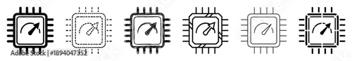 Set of black microprocessor performance icons showing a gauge inside a computer chip, illustrated in various line art styles like solid, dashed, and hand-drawn sketch for technology concepts