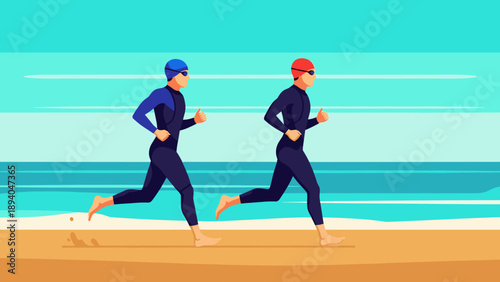Two people running on beach in swimsuits and caps, ocean background, flat style