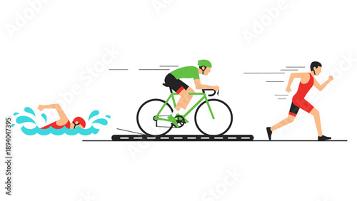 Triathlon race silhouette: swimming, cycling, and running in dynamic motion