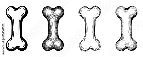 Set of four hand-drawn bones in different sketch styles, including cross-hatching and bold outlines, showcasing a collection of monochrome anatomical or dog treat illustrations