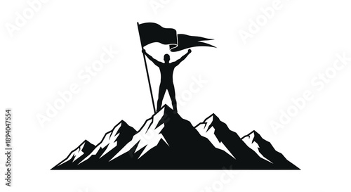 A triumphant figure stands atop a mountain peak raising a waving flag in a bold dramatic silhouette high quality professional