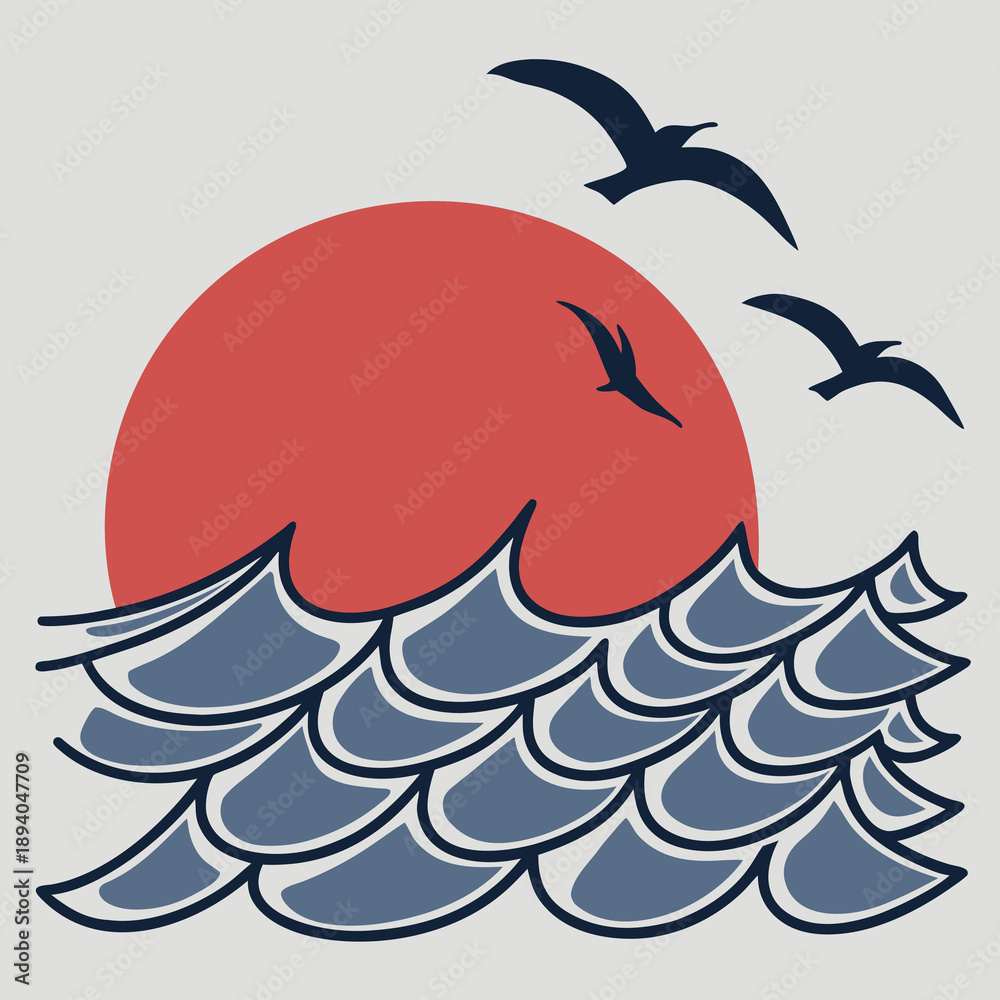 Fototapeta premium Minimal Ocean Waves With Red Sun Illustration