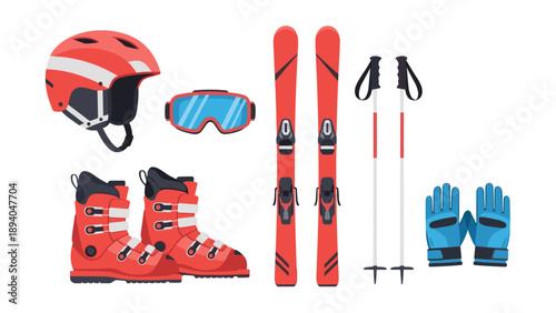 Essential ski equipment in flat design featuring boots, poles, goggles, and gloves