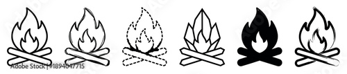 Set of six black campfire icons in various artistic styles including line art, brush stroke, silhouette, and geometric, representing warmth, camping, and outdoor adventure