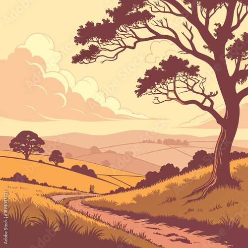 Sunrise Landscape with Golden Light and Soft Clouds