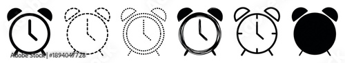 Set of six black alarm clock icons in various graphic styles including solid, outline, dotted, dashed, hand-drawn sketch, and silhouette for time concepts
