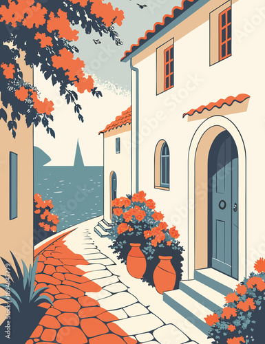 Charming Seaside Village Street With Sailboat Illustration