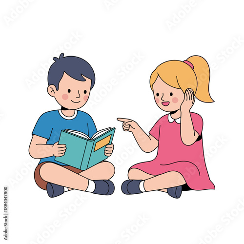 Children reading a book together, learning and education concept, flat illustration
