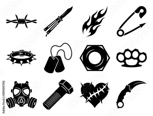 Edgy Grunge Silhouette Element Kit featuring Industrial Hardware and Streetwear Graphics for Alternative Branding