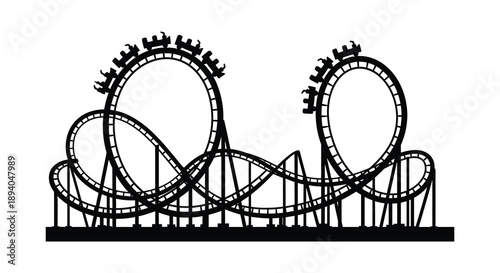 A striking black outline depicts a complex rollercoaster with multiple loops and thrilling drops rendered as a silhouette high quality