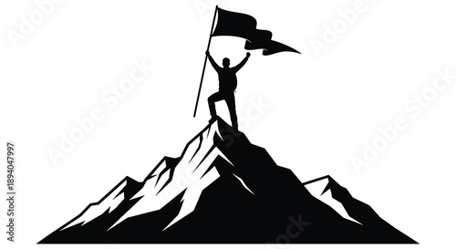 A victorious figure stands atop a mountain peak raising a flag in triumph a striking black silhouette high quality professional