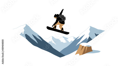 Snowboarder mid-air jumping over snowy mountains in stylish silhouette design