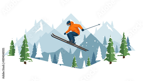 Winter sports adventure: skier doing a trick in mountain landscape