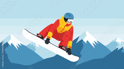 Snowboarder performing jump against mountain background in flat style
