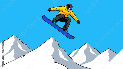 Snowboarding adventure in vibrant cartoony style on pristine mountain peaks