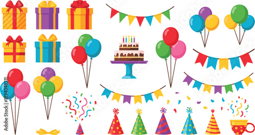 Birthday party elements set with gifts, balloons, cake and bunting isolated on white background, festive celebration vector illustration