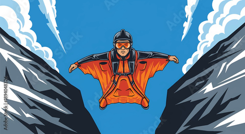 Young man wingsuit flying between mountain peaks, modern vector illustration symbolizing speed, freedom, fearlessness, and extreme aerial adventure