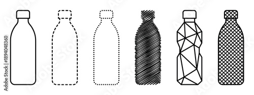 Six black line art bottle icons in a set showing various graphic styles like outline, dashed, dotted, scribble, geometric, and grid pattern for design projects
