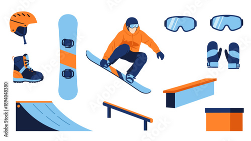 Winter sports gear and tricks: snowboarder in action with equipment icons
