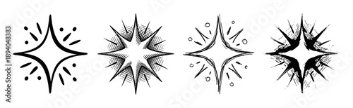 Collection of four hand-drawn star sparkle icons in various graphic styles, including clean, sketchy, cross-hatched, and grunge for design element concepts