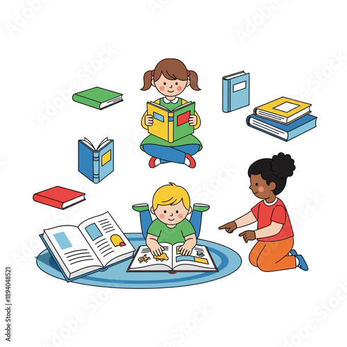 Children Reading Books Together: Diverse Kids Enjoying Stories and Learning